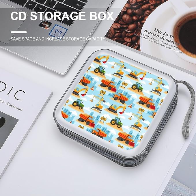 Portable DVD CD Organizer Wallet Under Construction, 40-Capacity Hard Case with Strap, Protective Storage Binder for Car Home