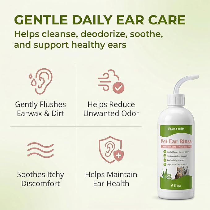 Dylan's cabin Dog Ear Cleaner Wash - pH-Balanced Pet Ear Rinse for Dogs and Cats,Gently Removes Ear Wax, Dirt Odor, Daily Gentle Ear Wash Solution, 6 fl oz