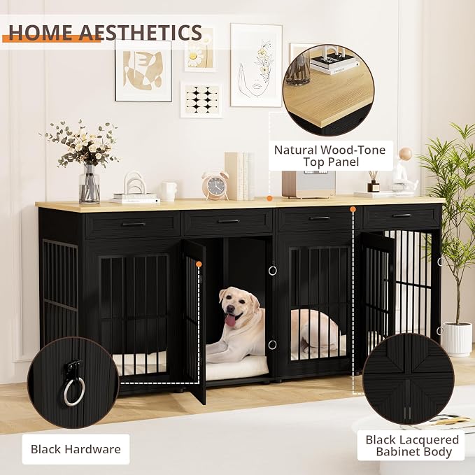 VOWNER 87" Dog Crate Furniture for 2 Dogs, Double Dog Cage Furniture, Black | Extra Large Wooden Dog Kennel with 4 Drawer, Removable Divider, Furniture-Style TV Stand, XXL Dog Crate for Large Medium Dogs