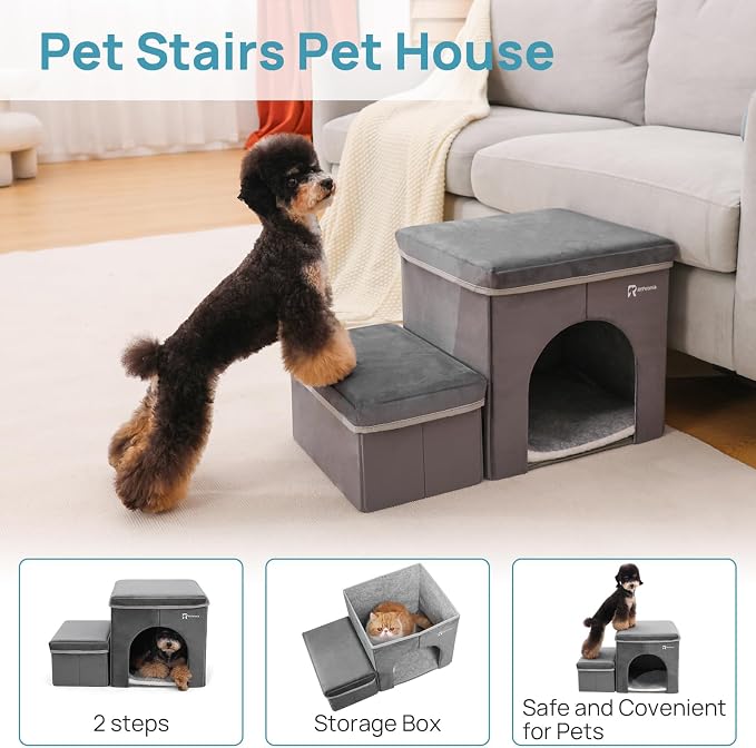Foldable Pet Stairs with Cozy House & Storage | 2-Step Dog Stairs for High Beds and Couch, Non-Slip Dog Steps for Small & Medium Dogs, Cats, Puppies, Grey