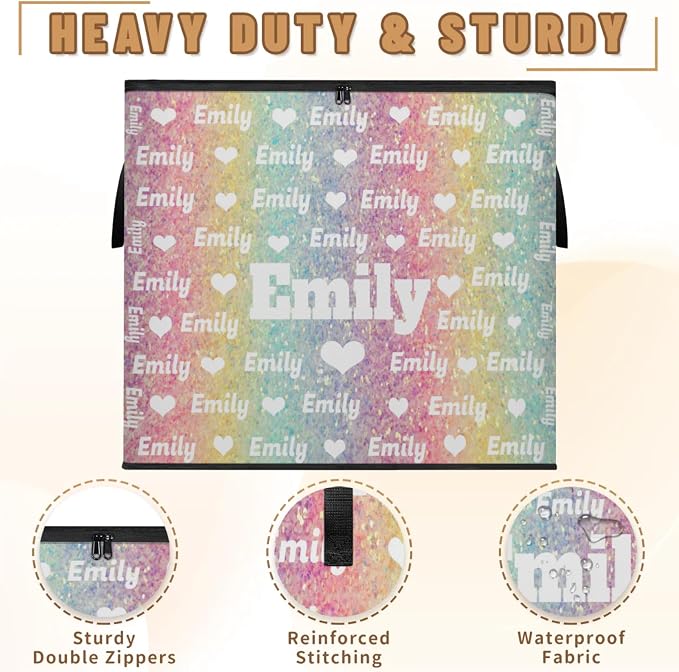 Custom Name Comforter Storage Bin with Lid, Personalized XL Love Heart Pattern Storage Basket Zippers for Organizing Blankets, Bedding Closet Shelf Baskets, Yellow Pale Turquoise Pink Glittering