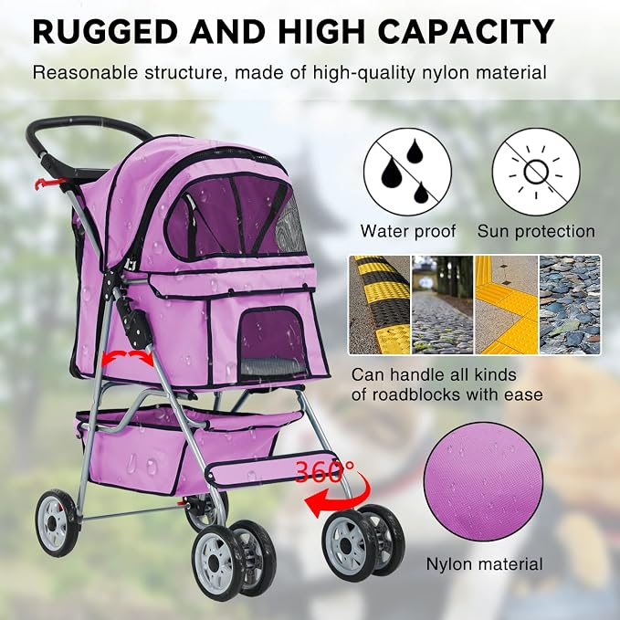 Dog Cat Stroller 4-Wheel pet Running cart, Foldable Waterproof pet Stroller with Cup Holder and Removable Lining, Suitable for Small Pets Suitable for Small and Medium-Sized pet Accessories (Pink)