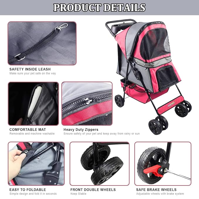 Jespet 4-Wheel Promenade Pet Stroller, Foldable Stroller with Cup Holder | Foldable Dog Stroller, Storage Basket & Cup Holder, Breathable and Visible Mesh for All-Season