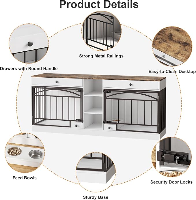 IDEALHOUSE 78.7" Double Dog Crate Furniture with Storage and 2 Doors, White | Dog Kennel Indoor with Feeding Bowls, Wood Dog Crate TV Stand for Small Medium Dogs
