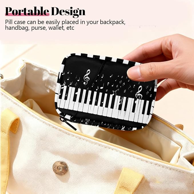 Travel Pill Organizer Black White Piano Keys Music Notes Pill Case