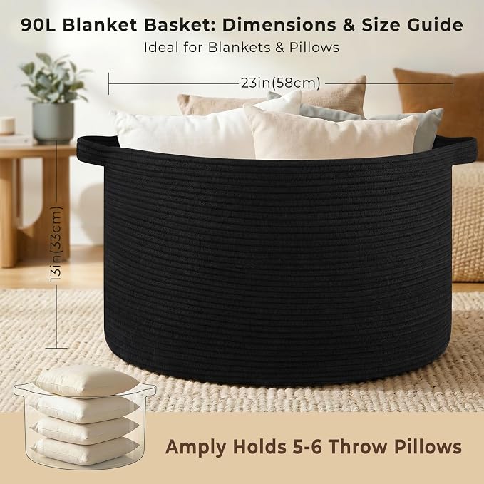 OIAHOMY 90L Extra Large Blanket Basket - Decorative Cotton Rope Storage Basket for Bedroom, Living Room & Nursery - Woven Laundry Hamper for Organizing Blankets, Clothes & Toys - Black