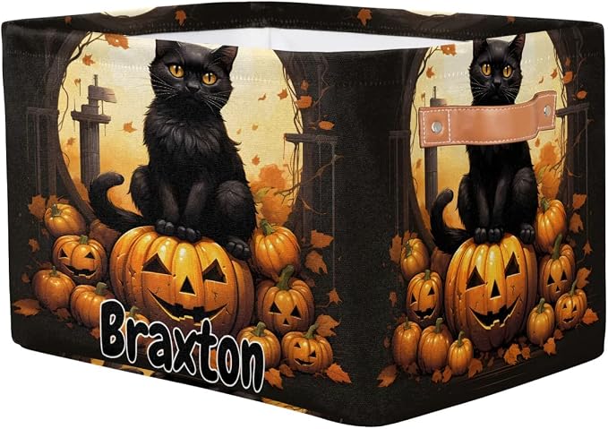Custom Rectangular Baby Storage Basket, Kids Toys Bin, Books Shelf Basket, Clothes Towel Storage Bin for Nursery, Gift Basket, Pet Basket, Halloween Cat Pumpkins Maple Leaves