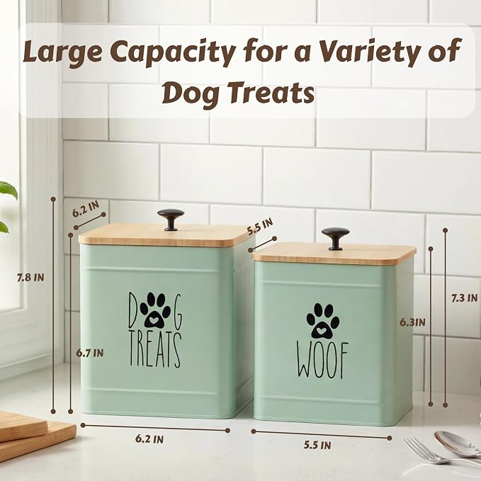 PERFNIQUE Dog Treat Container, Airtight Dog Treat Jar Set of 2, Dog Cookie Jar for kitchen Counter, Pet Treat Container, Dog Treat Canister and Storage, 7.8x6.2 & 7.3x5.5 (Sage Green)