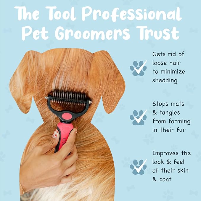 Sinko Shedding Brush For Dog and Cat, Grooming Brush with Extra Wide Double-Sided Stainless Teeth for Detangling, Deshedding, Brushing & Removing Shed Fur, Knots, Mats, and Tangles in Pets (Pink)