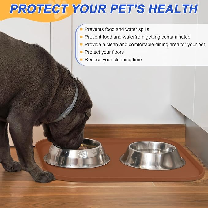 SMILOOL Silicone Pet Feeding Mat with Raised Edge for Food and Water, Dog Bowl Mats, Cat Bowls Placemat with High Lip for Floor Waterproof, Rubber Tray for Cats and Dogs 19 x 12 x0.7 Brown