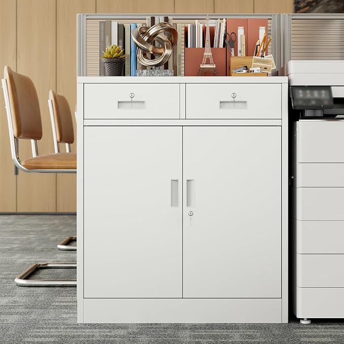 BESFUR Metal Garage Storage Cabinet with Two Lockable Drawers 2 Locking Doors and an Adjustable Shelf, 36" White Metal Short Storage Cabinet for Home Office, Garage,School,Utility Room