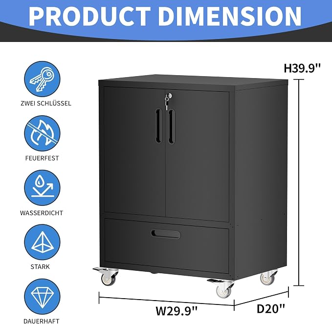 Metal Storage Cabinet for Garage, Tool Cabinet, Utility Cabinet | Wheeled, Rolling Tool Cabinet, Lockable, 2 Doors,1 Drawer, Assembly Required, Black