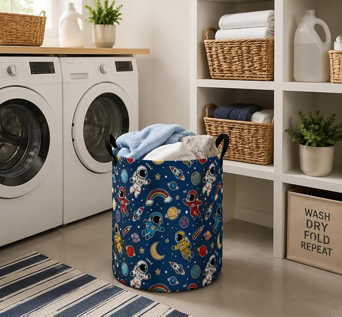 MAIZMZ Kids Storage Bin Astronaut Space Hamper,15.7" D x 19.7" H Waterproof Linen Laundry Basket with Leather Handles for Boys Room, Gifts