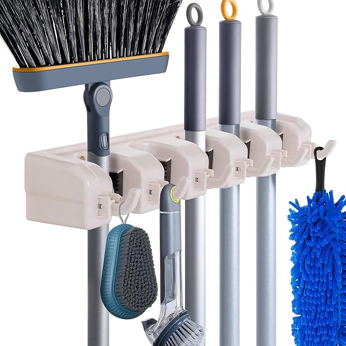 HYRIXDIRECT Broom Hanger Wall Mount, Broom Mop Organizer for Garage | 5 slots, 6 hooks, 7.5 lbs/slot, heavy-duty, space-saving, fits long-handled tools, mops, rakes, shovels, garage, shed