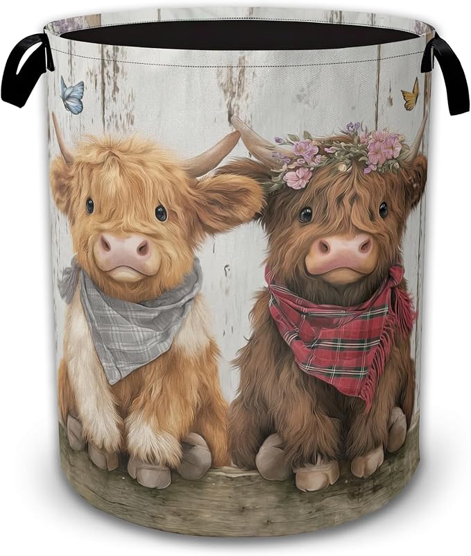 Laundry Hamper Foldable with Handles,Cute Highland Cow Oxford Cloth Laundry Basket,Storage Organizer for Bathroom Bedroom Dorm 16"x20.8"