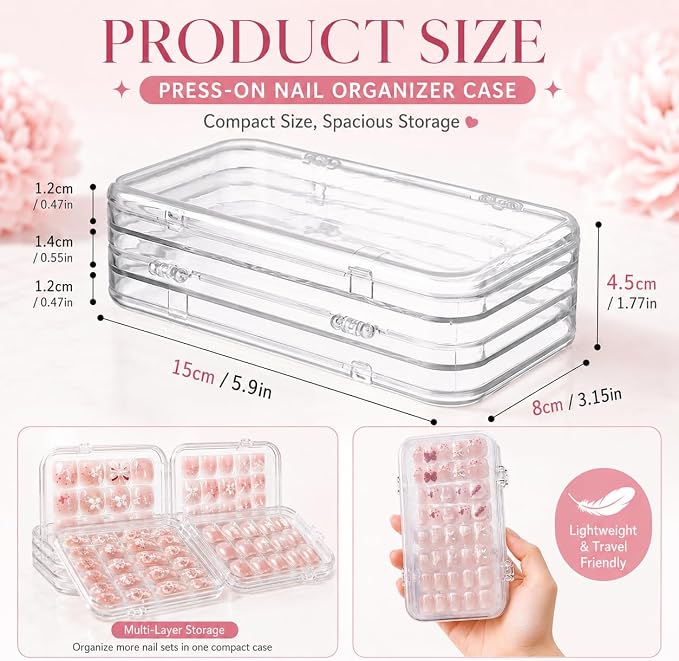 Tri-Fold Press On Nail Organizer Case | 4-Page Portable Storage Box for Fake Nails, Clear PET Plastic Travel Holder (6×3.2×1.8 inch)