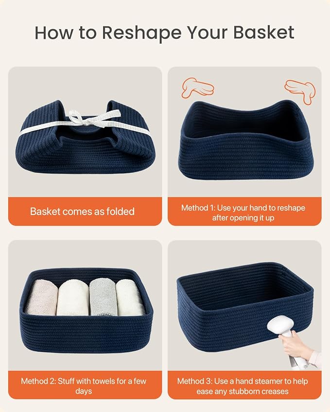 KALLAX Small Woven Storage Basket for Organizing, 13.5x9.5x5 inches, 3 Pack | Shelf baskets for closet organization, toy storage and home decor, Perfect as empty gift baskets for holidays, Navy Blue