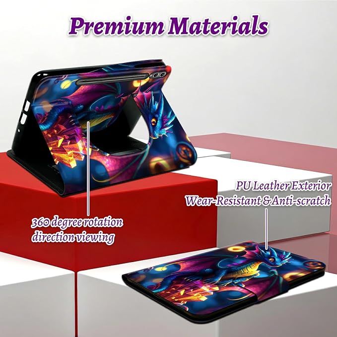 Rotating Handle Case for Samsung Galaxy Tab S10+ Plus 2024/S9 FE+ Plus/S9+ Plus 12.4" 2023, 360 Degree Swivel Kickstand with Magnetic Closure Leather Protective Cover, Blue Dragon