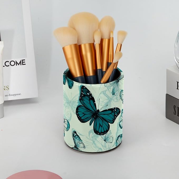 Green Butterflies Pen Holder, Pencil Cup Marker Brush Holder Desk Storage Case, Desktop Organizer for School Office Home Supplies