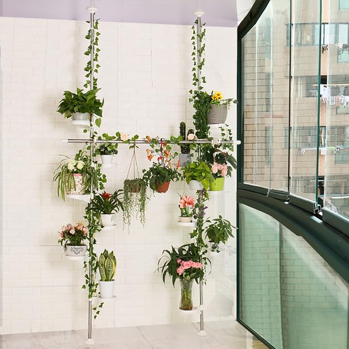 BAOYOUNI Spring Tension Pole Plant Stand, 12 Trays Metal Flower Rack，Ivory | Corner Floral Pot Storage Shelf Space Saver with Adjustable Height & 2 Hooks for Home Garden Decor