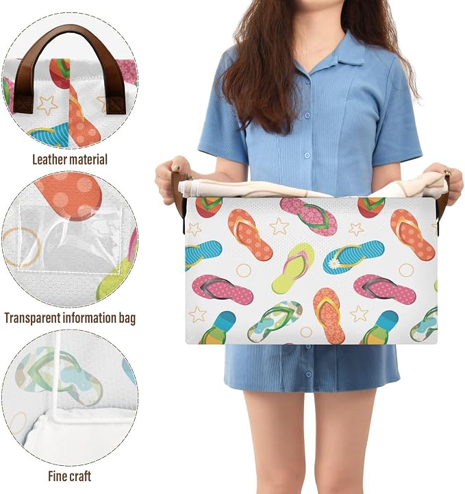 Beach Star Flip Flops Summer Slipper Storage Bins for Shelves with Labels&Handles Fabric Organizer Bin Foldable Rectangle Storage Basket Boxes for Closet, Bathroom, Home, Living Room, Laundry