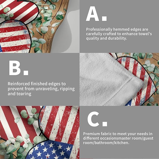 Giwawa American Flag Wood Hand Towels Set of 2 Eucalyptus Leaves Fingertip Towels Stars Heart Kitchen Dishcloth Face Towel Home Bathroom Decor