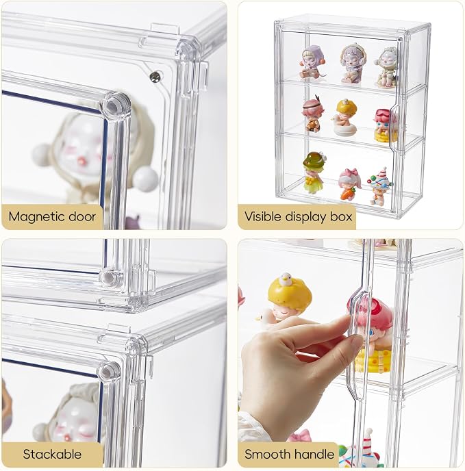 3 Tiers Clear Acrylic Display Case, Plastic Storage Bins with 2 Adjustable Divider and Magnetic Door,Stackable Display Box for Figures Showcase (3pack)