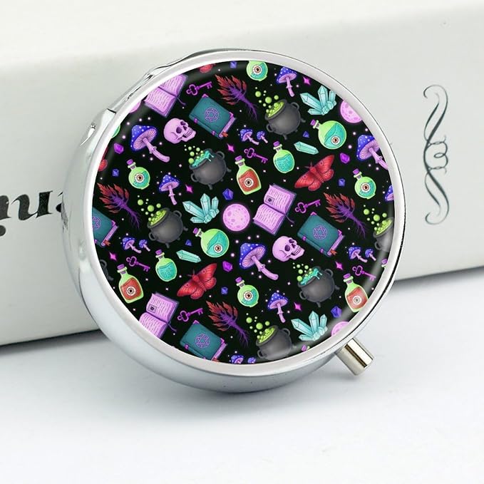 Round 3 Compartment Pill Organizer Witch Witchy Mushroom Skull Goth Gothic Black, Cute Metal Pill Case with Mirror for Purse Pocket