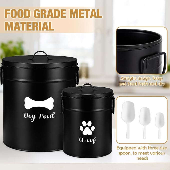 DoubleFill Extra Large 23+10 lb Metal Dog Food Storage Containers, Black | Airtight Dog Treat Snack Jars with Lids and Spoon, Farmhouse Style Big Pet Cookie Storage Bin for Kitchen Counter, Set of 2
