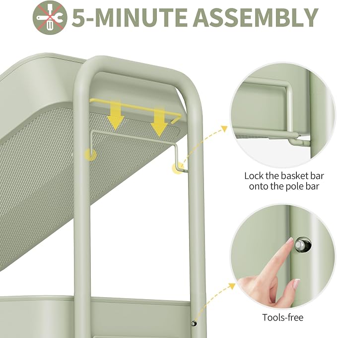 TOOLF 4 Tier Rolling Cart, Metal Utility Storage Cart with Pegboard, Green | 2 Bins & 4 Hooks, Screwless Assembly, Lockable Wheels, Trolley Organizer for Bathroom, Kitchen, Office, Dorm, Craft Room