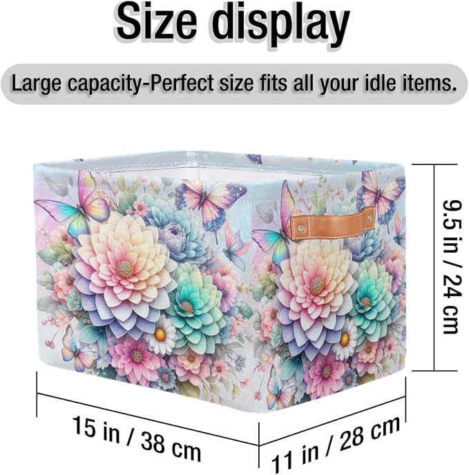 Pardick Basket Storage Bins Rainbow Flower Floral Rectangle Cube Basket Box Kids Girls Boys Toys Organizer Beaket Decor Foldable with Handle for Living Room Bedroom Closet Nursery Office Shelf Gifts