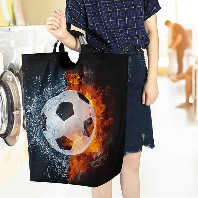 visesunny Large Capacity Laundry Hamper Basket Soccer Ball In Fire And Water Oxford Cloth Storage Baskets for Bedroom, Bathroom, Dorm, Kids Room