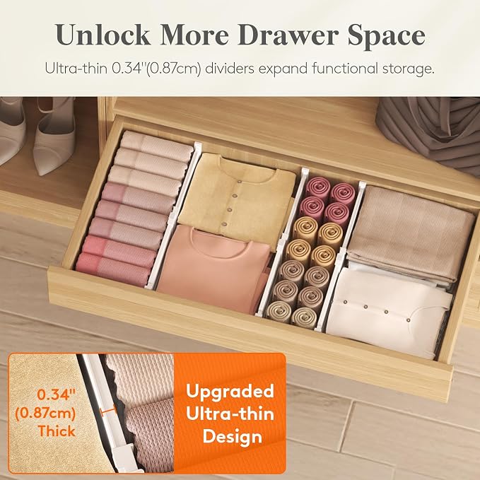Lifewit 3.2" High Drawer Dividers for Clothes, Adjustable Drawer Organizers | 10.5"-16.5" Expandable Plastic Separator for Dresser, Kitchen, Cabinet, Closet, Nursery, Socks & Underwear Storage, 6 Pack