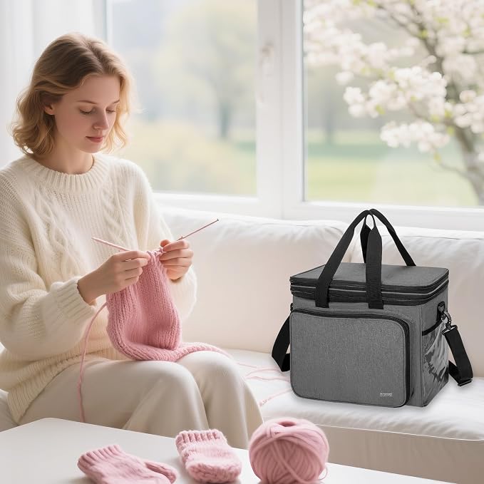 Teamoy Crochet Bag, Knitting Bag Yarn Storage Tote, Yarn Organizer, Gray | Yarn Holder for Crocheting, with Inner Divider and Cover, for Yarn Skeins, Project, Knitting Needles, and Crochet Supplies
