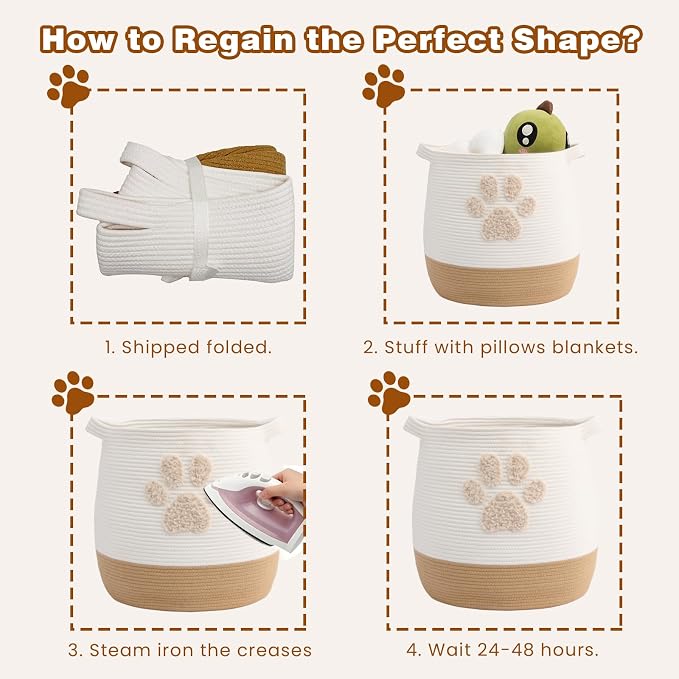 Large 17.7" Cotton Rope Pet Toy Storage Basket with Cute Paw Print - Woven Dog Toy Bin & Cat Organizer - Soft Round Hamper for Puppy Blankets, Treats, Nursery & Living Room Storage