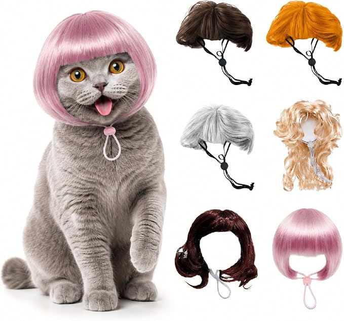 Funny Dog Wigs and Cat Wig Set, 6 Pack Pet Costume Hairpieces | Adjustable Pet Costume Hairpieces with Elastic Strap, Soft Breathable Cosplay for Small Medium Dogs Cats Halloween Party