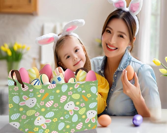 Large Rectangular Easter Baskets Empty Waterproof Boy Toy Box Foldable Kid's Gifts Storage Bin Spring Room Decor(Flower Carrot Rabbit Egg)