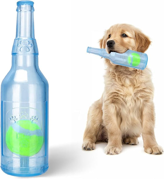 QTLJJBY Squeaky Ball in Bottle Dog Toy, TPR Wine Bottle with Tennis Ball Inside Toy for Puppy (Blue, Small)