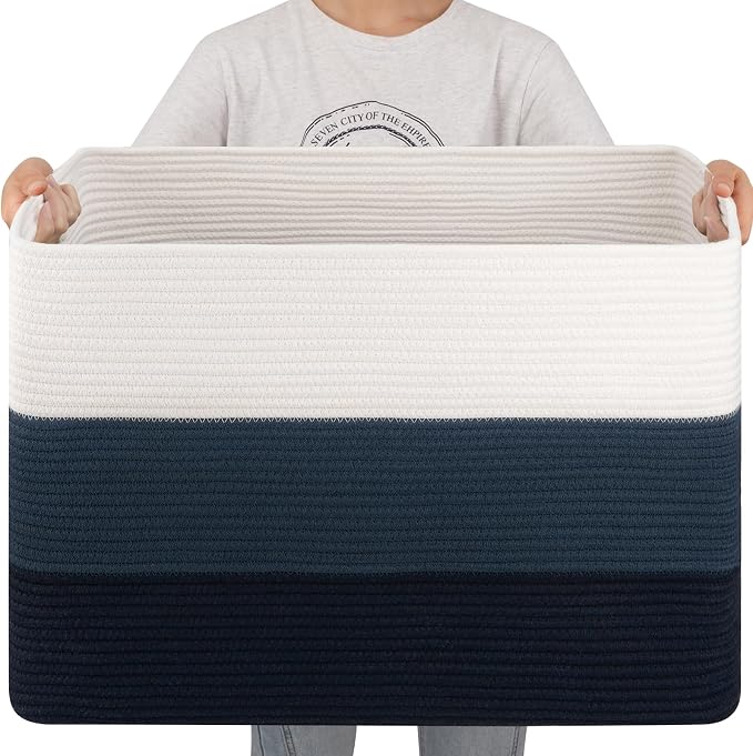 OIAHOMY 108L Extra Large Blanket Basket Dog Toy Basket Gradient Blue | Rectangle Woven Baskets for Storage Cotton Rope Basket For Living Room Toy Storage Blanket Storage Laundry Basket