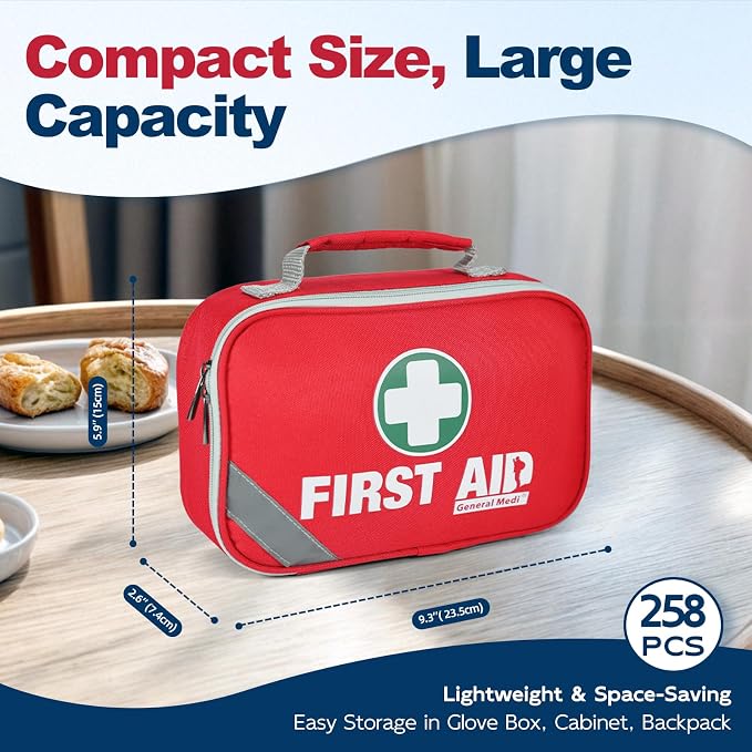 General Medi 2-in-1 First Aid Kit (215 Piece Set) + 43 Piece Mini First Aid Kit -Includes Ice(Cold) Pack, Moleskin Pad and Emergency Blanket for Travel, Home, Office, Car, Workplace