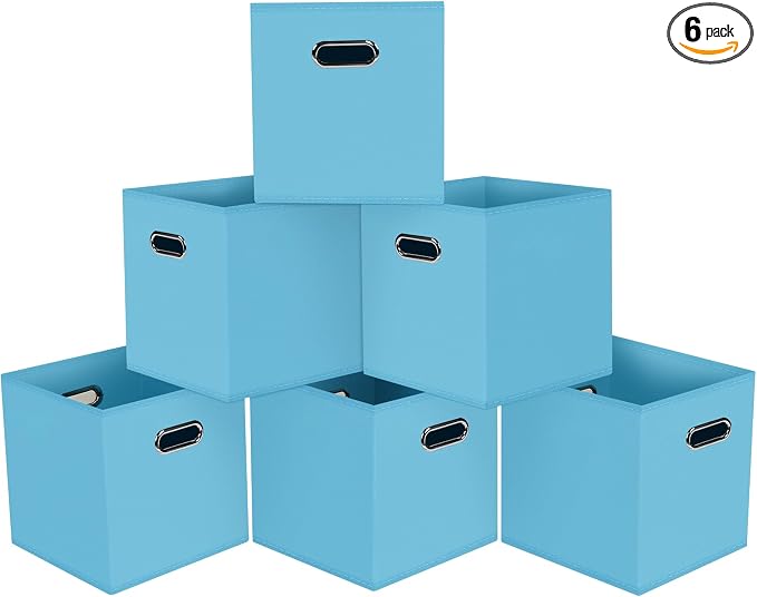 Black Foldable Storage Cubes Bins, Fabric Storage Box Cubes Organizer Baskets with Dual Handles for Home Organizer,Set of 6,(Blue)