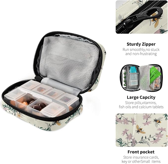 Floral Honey Bee Pill Box 7 Day Pill Case Travel Pill Organizer Bag with Zipper Portable Weekly Case Compact Size for Vitamin Supplement Holder