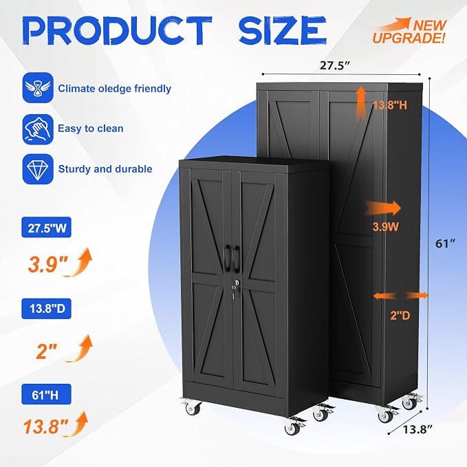 GAIOUS 61" Tall Metal Storage Cabinet with Lock and Wheels, File Cabinet | for Home Office, Garage Storage Cabinets with 2 Door and 3 Adjustable Shelves, Rolling Tool Cabinet, Utility Cabinet, Black