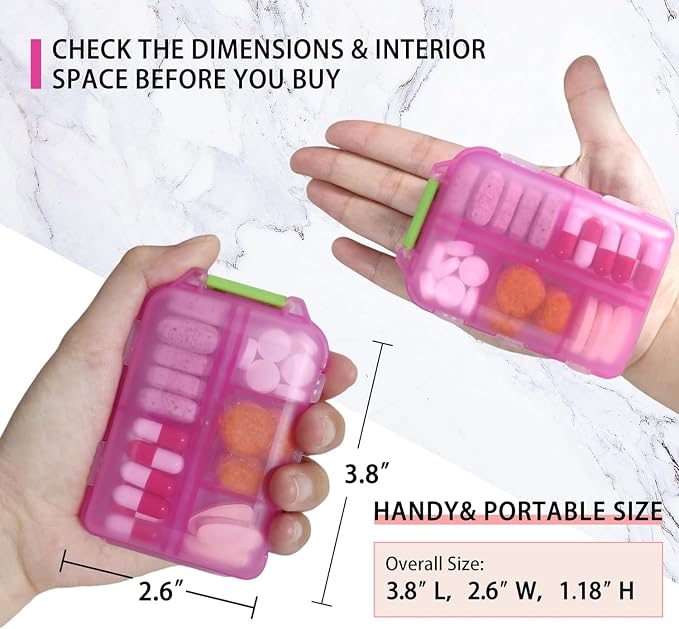 3 Pack Pill Organizers with Medicine Labels, Pink Blue Purple | 3 compact pill cases with 3x161 medicine labels for 7-day planning, vitamins, travel, family use, and separate routines