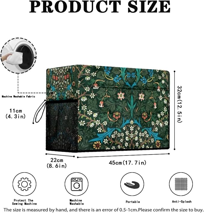 Green William Morris Pattern Sewing Machine Cover - Fits Standard Singer, Brother and Janome Machines, Protecting & Decorating Your Sewing Space (Green)