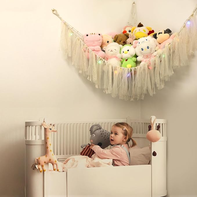 Stuffed Animal Hammock with LED Lights - 59 Inch Large Toy Storage Net for Kids Bedroom, Wall-Mounted Plush Organizer with Wooden Rings, Nursery Decor (Handwoven, White)