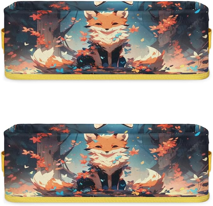 Colorful Fox Flower Tree Bathroom Storage Basket, Foldable with Handle Open Countertop Paper Towel Decorative Box, Toilet Tank Top Shelf Baskets for Home Closet Bedroom Living Room Office