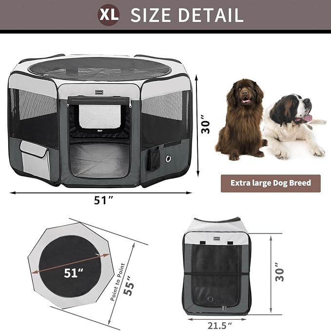 Dog Playpen Portable Pet Play Pens for Small Dog/Cat/Rabbit/Chicks, Cat Playpen Indoor/Outdoor with Carring Case, Removable Zipper Top and Bottom (Gray, Large (46"x46"x23"), 8)
