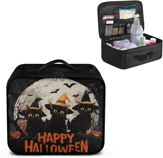 First Aid Case Empty Halloween Black Cat Moon Veterinary Medic Bag for Animal Clinics and Pet Owners Includes Secure Zipper Compartments