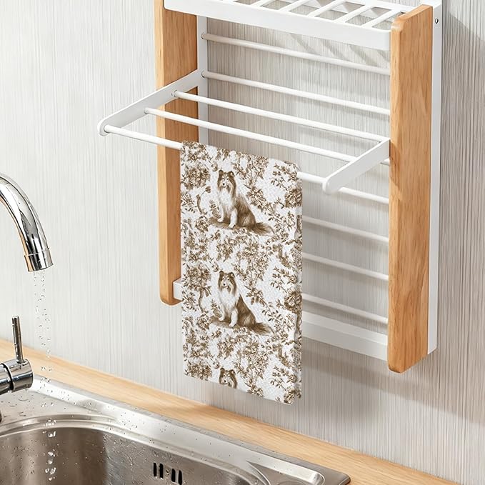 Rough Collie Kitchen Dish Towels Set of 2, Brown and White Floral Dog Towel Dish Tea Towels, Chinoiserie Decor for Kitchen Bathroom,Rough Collie Gifts for Dog Lover Mom Dad,16x24 Inch